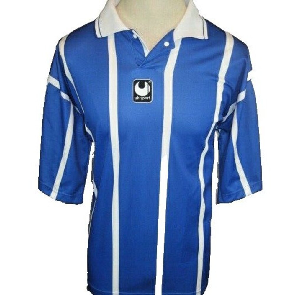 Mens NWOT Uhlsport Blue Striped SS Futbol Soccer Shirt sz L